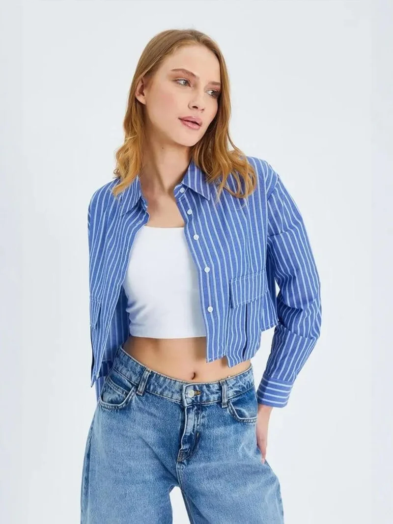 MixRay Mixray Striped Poplin Crop Shirt with Pocket