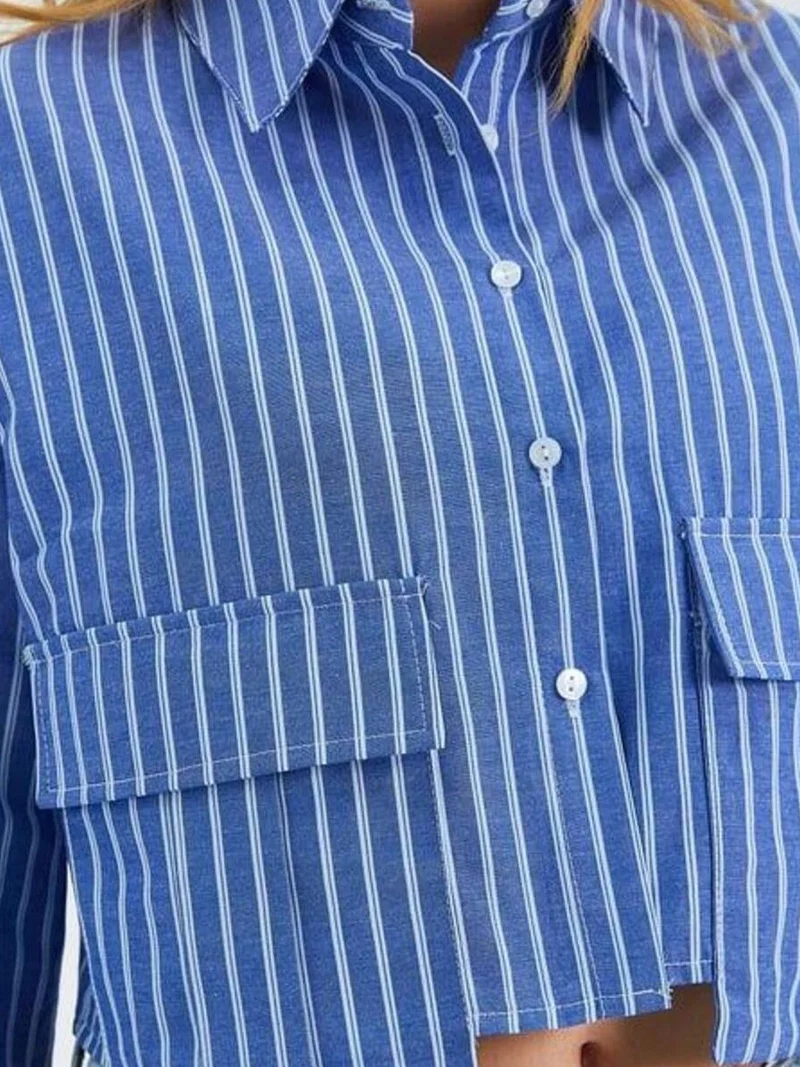 MixRay Mixray Striped Poplin Crop Shirt with Pocket