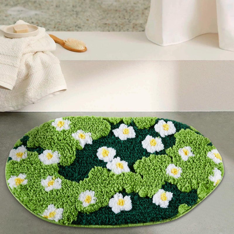 Ouyattle Cute Green Floral Bath Mat Microfiber Moss Bathroom Rug 16''W x 24''L Non Slip Washable  Modern Chic Boho Aesthetic Trendy Shaggy Bathroom Shower Floor Mat Absorbent - Image 1