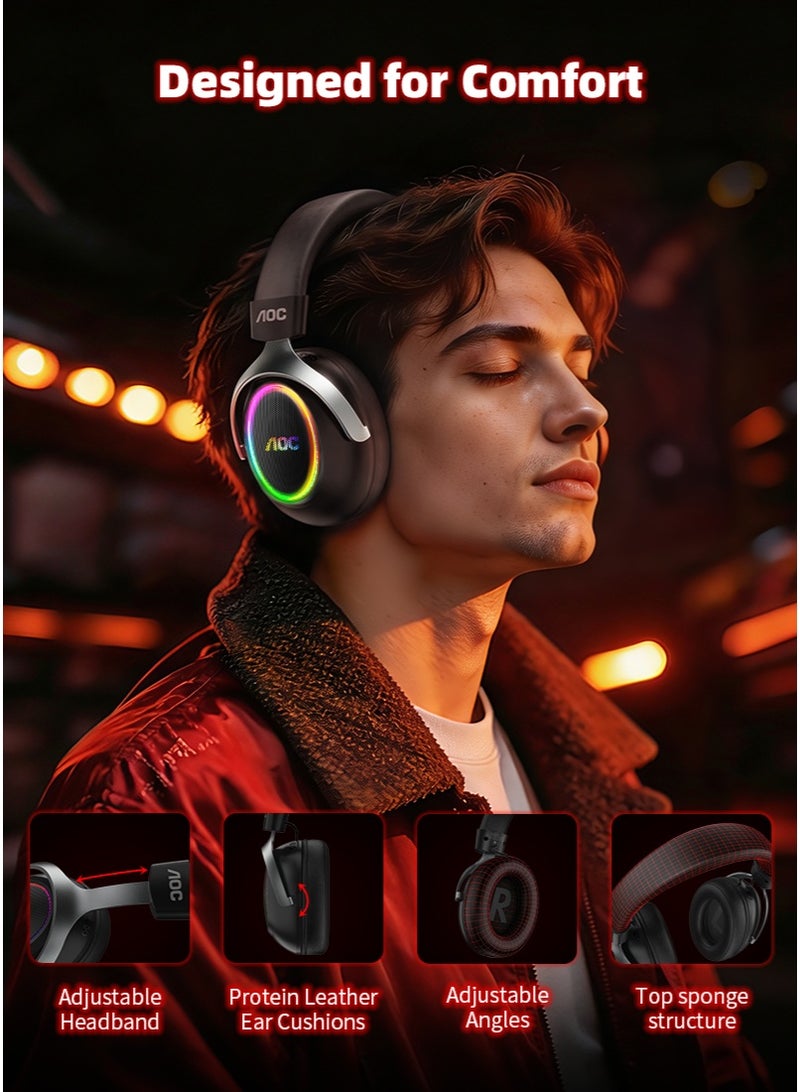 AOC Wireless Gaming Headset, 125H Battery Life, 7.1.4 Spatial Audio, Bluetooth 6.0, 2.4GHz Low Latency & Wired Mode, Detachable ENC Mic, 53mm Driver, RGB Light, for PC PS5 Xbox Switch (Black/red) - Image 4