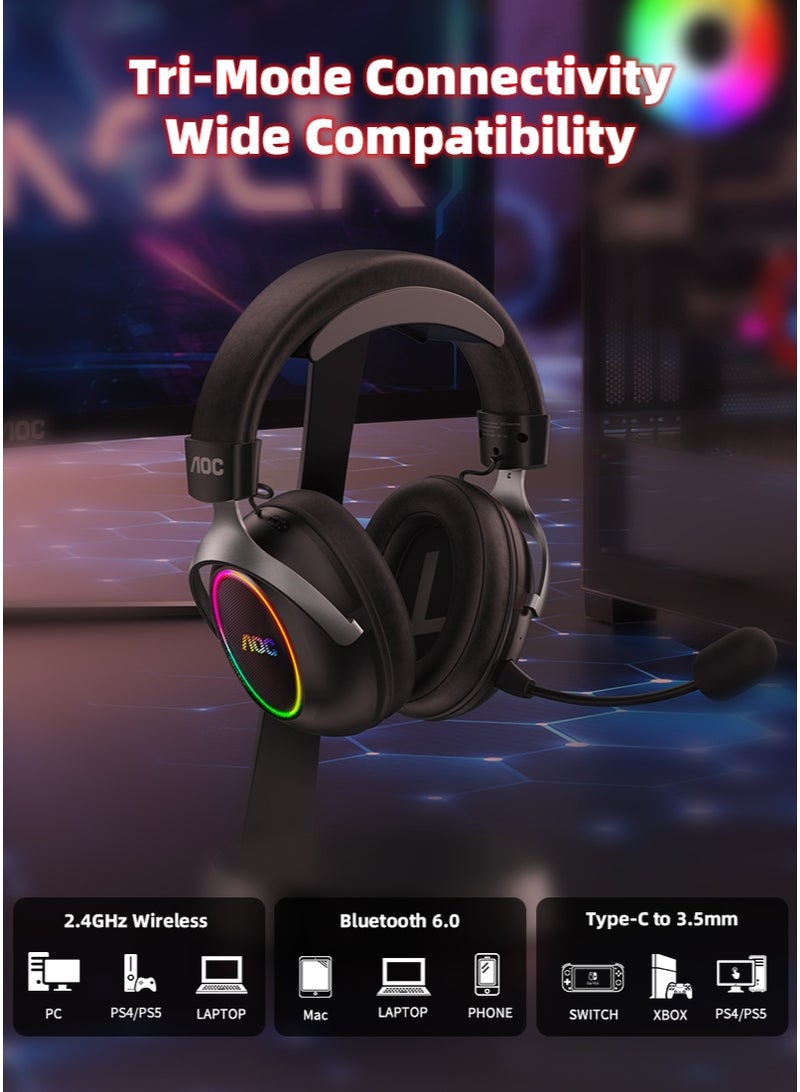 AOC Wireless Gaming Headset, 125H Battery Life, 7.1.4 Spatial Audio, Bluetooth 6.0, 2.4GHz Low Latency & Wired Mode, Detachable ENC Mic, 53mm Driver, RGB Light, for PC PS5 Xbox Switch (Black/red) - Image 5