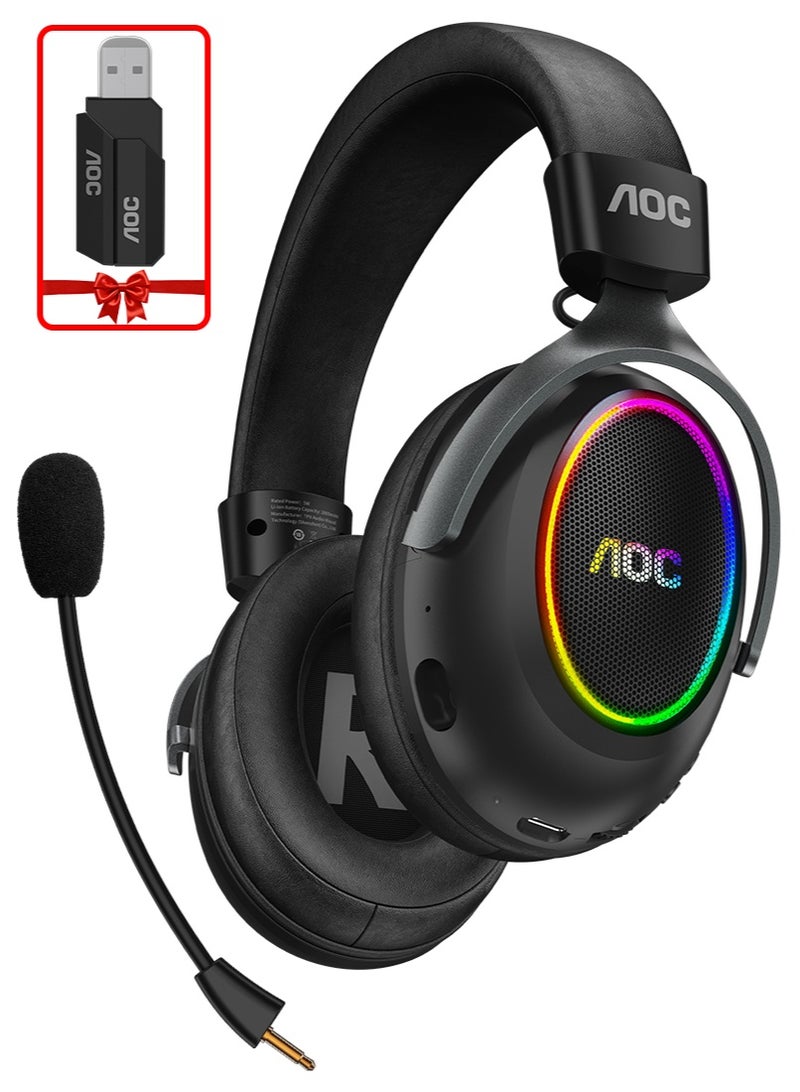 AOC Wireless Gaming Headset, 125H Battery Life, 7.1.4 Spatial Audio, Bluetooth 6.0, 2.4GHz Low Latency & Wired Mode, Detachable ENC Mic, 53mm Driver, RGB Light, for PC PS5 Xbox Switch (Black/red) - Image 1
