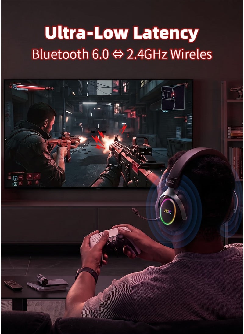 AOC Wireless Gaming Headset, 125H Battery Life, 7.1.4 Spatial Audio, Bluetooth 6.0, 2.4GHz Low Latency & Wired Mode, Detachable ENC Mic, 53mm Driver, RGB Light, for PC PS5 Xbox Switch (Black/red) - Image 3
