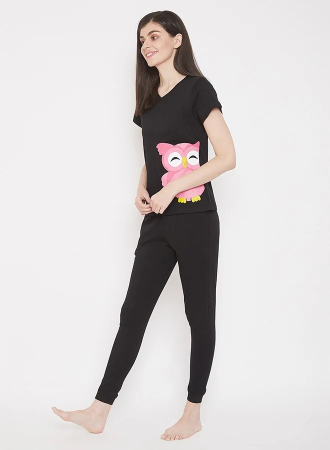 كلوفيا Clovia Owl Print Top & Pyjama in Black - 100% Cotton
