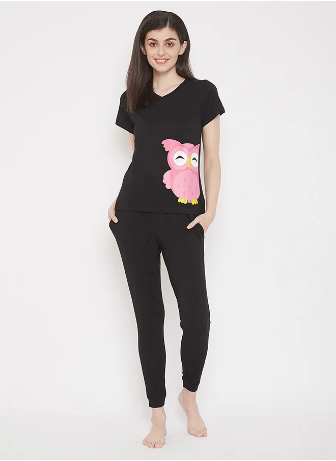 Clovia Clovia Owl Print Top & Pyjama in Black - 100% Cotton