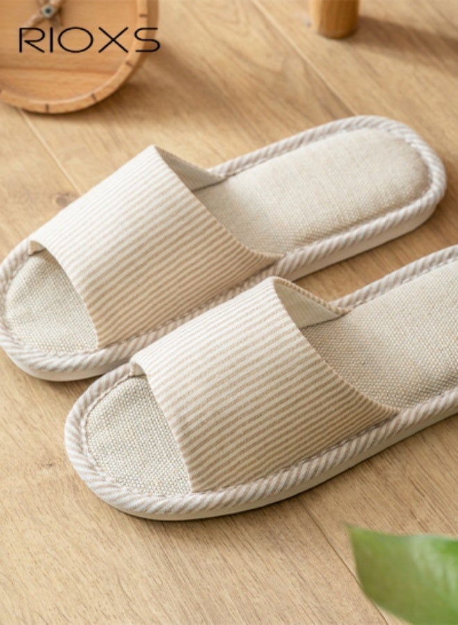 RIOXS Couple Slippers,Striped Cotton Open Toe Slippers For Men And Women,Unisex Anti-Slip Flat Sandal Slippers,Soft Breathable Linen Slippers,Open Toe Slippers For House/ Bedroom/ Living Room/ Indoor And Outdoor Use - Image 2