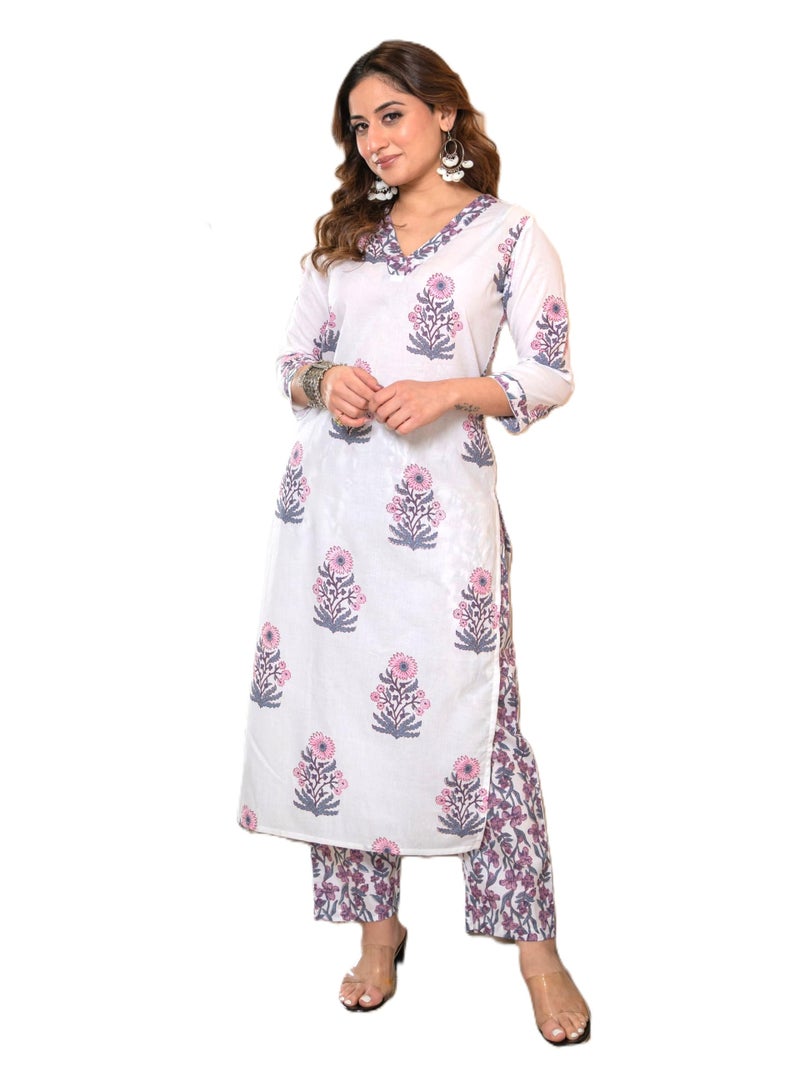 Arayna Women’s Cotton Block Print Kurta Set with Pants | Elegant Ethnic Wear, White & Pink, Large - Image 1