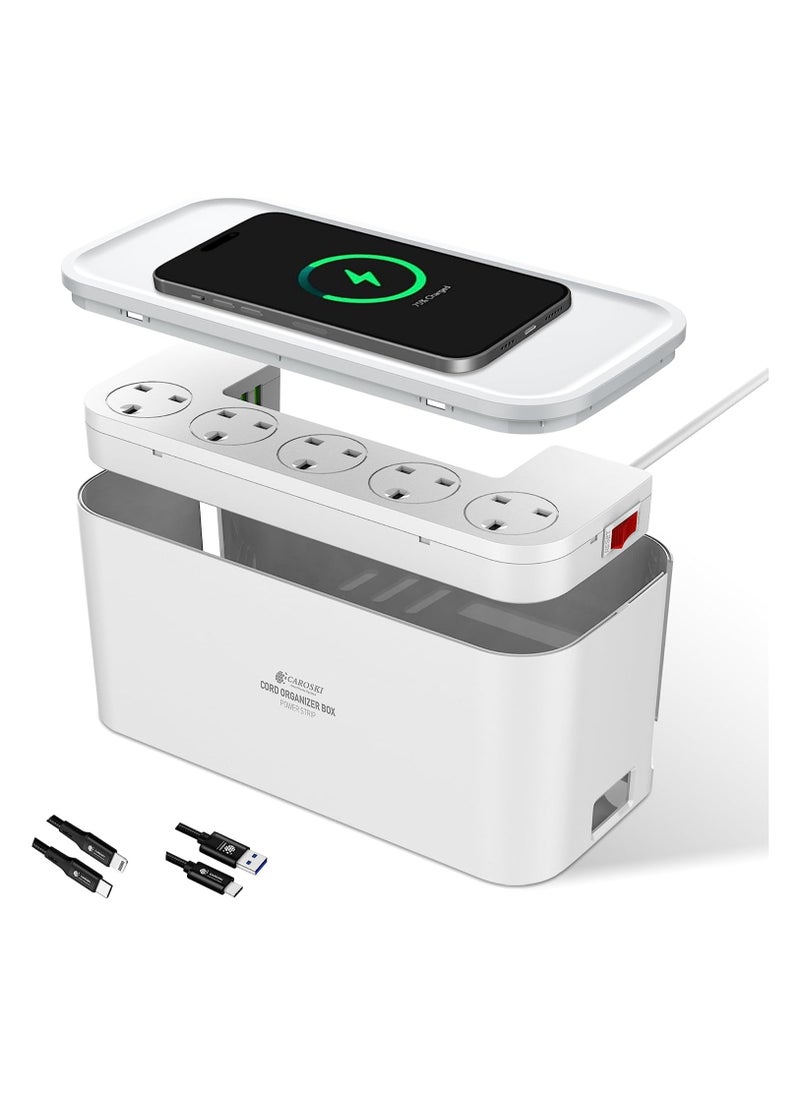 CAROSKI CAROSKI - Power Extension Cord with 15W Wireless Charger and Cable Management Box - 5 Universal Outlets - 6 ft Extension Cable Power Strip Sleek Organizer Box  - Image 1