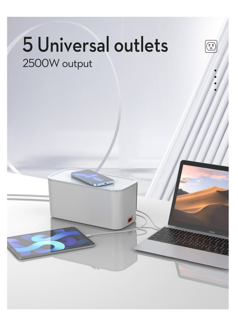 CAROSKI CAROSKI - Power Extension Cord with 15W Wireless Charger and Cable Management Box - 5 Universal Outlets - 6 ft Extension Cable Power Strip Sleek Organizer Box  - Image 3