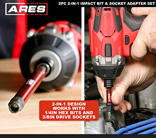 ARES 22027 – 2-in-1 Impact Bit and Socket Adapter Set – 3-Inch and 8-Inch Adapters - Unique Design Holds Standard 1/4-Inch Hex Bits and 3/8-Inch Drive Sockets – Spinning Sleeve Stabilizes Adapter - Image 4