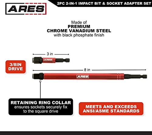 ARES 22027 – 2-in-1 Impact Bit and Socket Adapter Set – 3-Inch and 8-Inch Adapters - Unique Design Holds Standard 1/4-Inch Hex Bits and 3/8-Inch Drive Sockets – Spinning Sleeve Stabilizes Adapter - Image 2