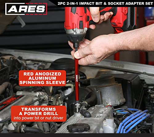 ARES 22027 – 2-in-1 Impact Bit and Socket Adapter Set – 3-Inch and 8-Inch Adapters - Unique Design Holds Standard 1/4-Inch Hex Bits and 3/8-Inch Drive Sockets – Spinning Sleeve Stabilizes Adapter - Image 3