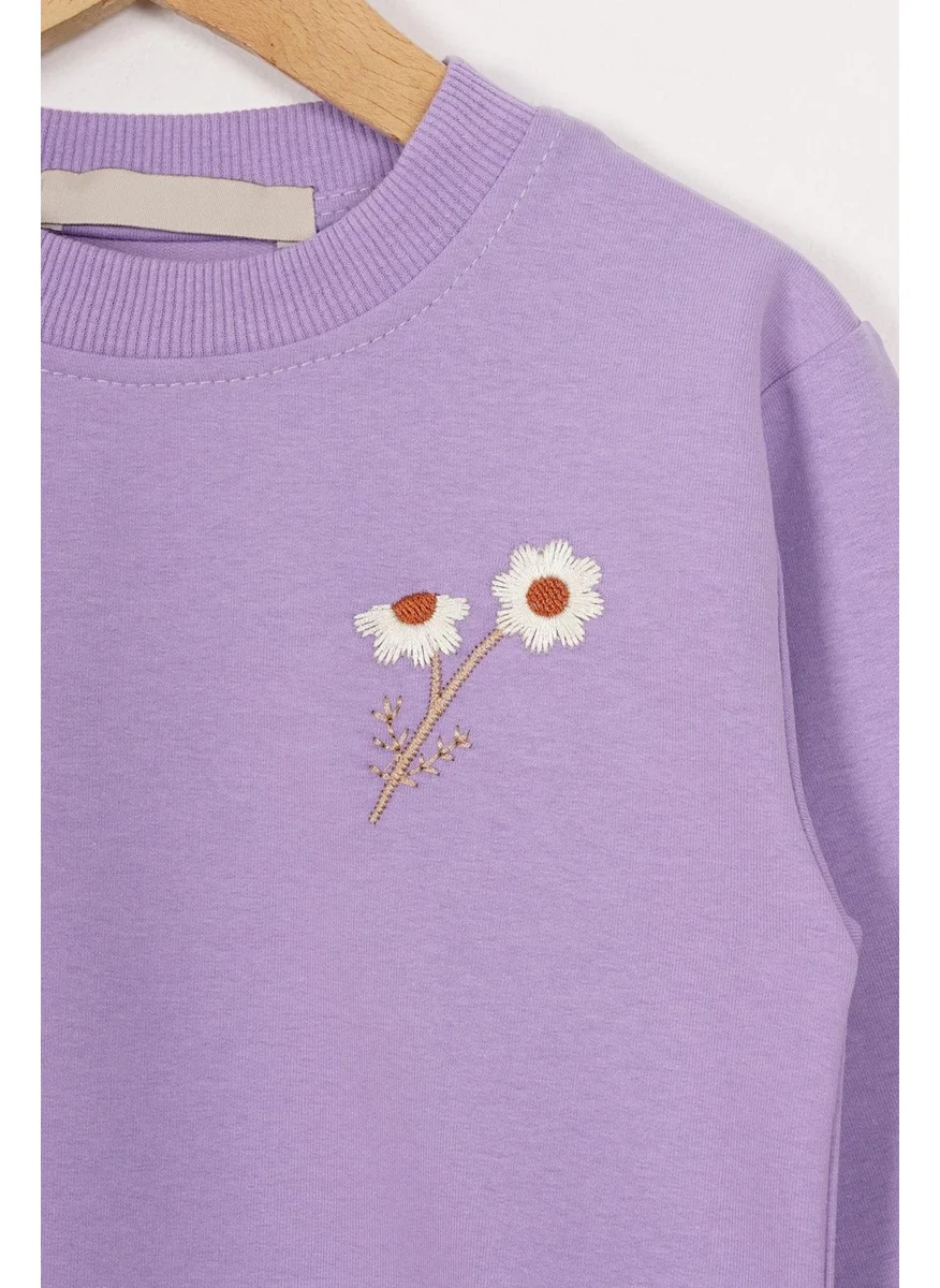 أكار Crew Neck Long Sleeve Daisy Embroidered Lilac Color Girls Tracksuit