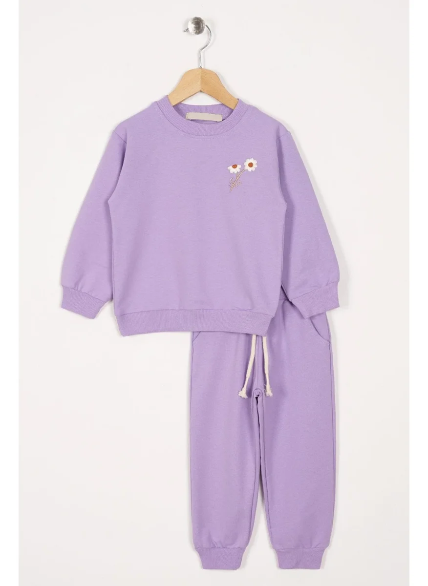 أكار Crew Neck Long Sleeve Daisy Embroidered Lilac Color Girls Tracksuit