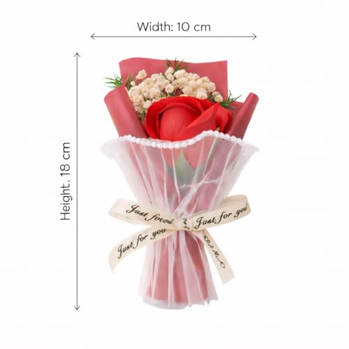 Vendola Mini Artificial Red Rose Bouquet for Gifting, Pearl Net Wrapped Flower with “Just for You” Ribbon, for Mom, Anniversary, Birthday, Proposal, Desk & Home Décor (Red) - Image 3