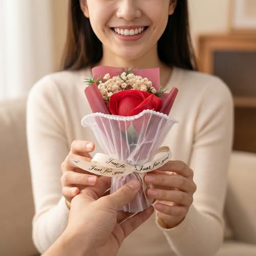Vendola Mini Artificial Red Rose Bouquet for Gifting, Pearl Net Wrapped Flower with “Just for You” Ribbon, for Mom, Anniversary, Birthday, Proposal, Desk & Home Décor (Red) - Image 1