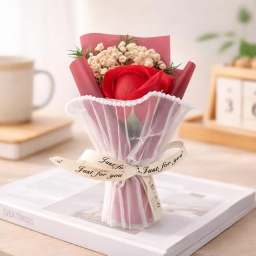 Vendola Mini Artificial Red Rose Bouquet for Gifting, Pearl Net Wrapped Flower with “Just for You” Ribbon, for Mom, Anniversary, Birthday, Proposal, Desk & Home Décor (Red) - Image 2