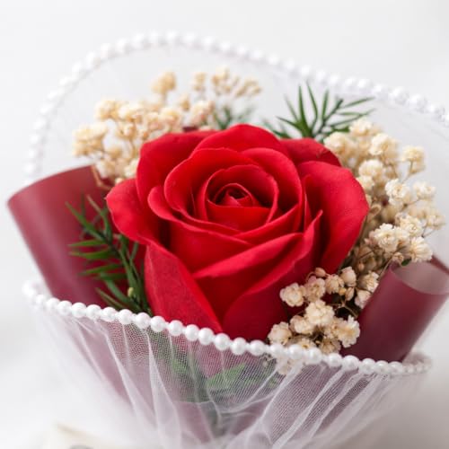 Vendola Mini Artificial Red Rose Bouquet for Gifting, Pearl Net Wrapped Flower with “Just for You” Ribbon, for Mom, Anniversary, Birthday, Proposal, Desk & Home Décor (Red) - Image 4