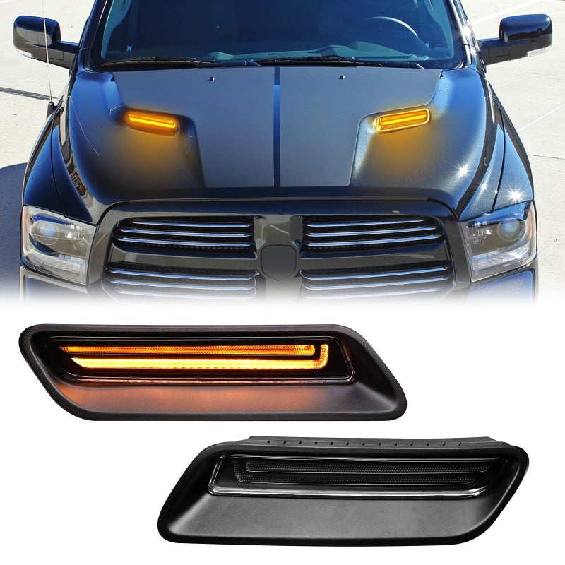 RF Auto Clear Lens Sequential LED Hood Vent Lights Compatible with Ram 1500 20102018 Ram 1500 Classic 20192022 Hood Scoop Lamp Dynamic Indicator Turn Signal Light Bezel Driving Light