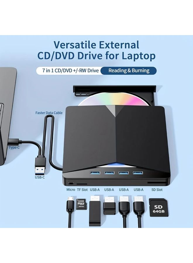Black 7 In 1 USB 3 0 Portable CD DVD Burner Drive For Laptop PC Mac - Image 5