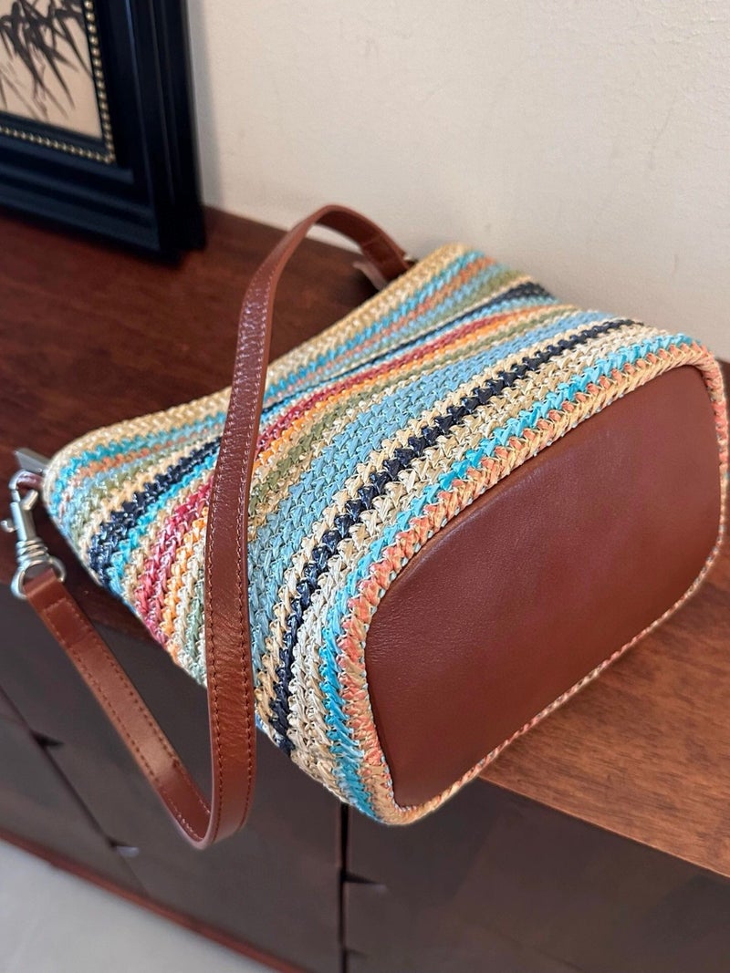 Original Niche Casual Simple Stripesd Versatile Armpit Bag Textured Straw With Cowhide Large Capacity Single Shoulder Bag For Women Trendy - Image 4