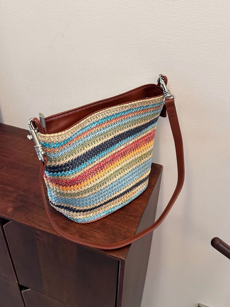 Original Niche Casual Simple Stripesd Versatile Armpit Bag Textured Straw With Cowhide Large Capacity Single Shoulder Bag For Women Trendy - Image 3