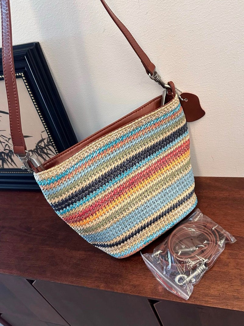 Original Niche Casual Simple Stripesd Versatile Armpit Bag Textured Straw With Cowhide Large Capacity Single Shoulder Bag For Women Trendy - Image 1