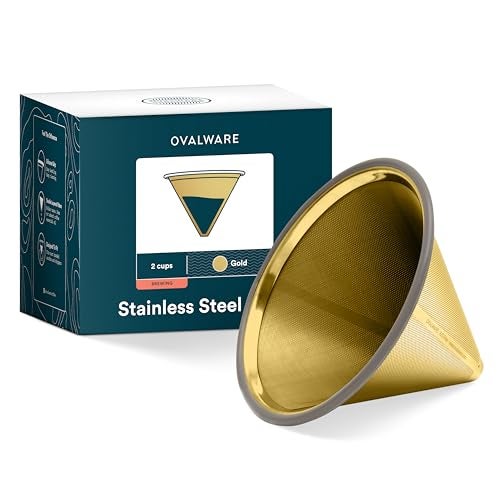 OVALWARE Paperless Stainless Steel Pour Over Coffee Filter – Reusable and Permanent Coffee Cone Dripper for Ovalware, Chemex, Hario and Other Carafes (Titanium Gold) - Image 1