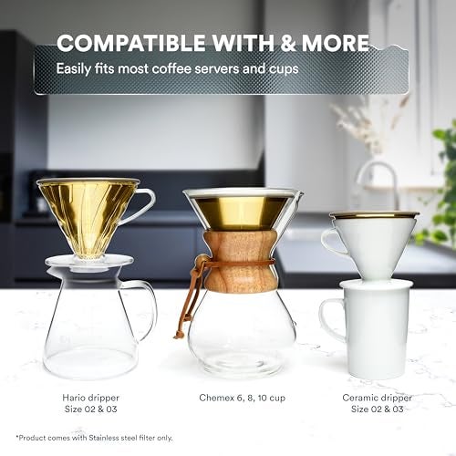 OVALWARE Paperless Stainless Steel Pour Over Coffee Filter – Reusable and Permanent Coffee Cone Dripper for Ovalware, Chemex, Hario and Other Carafes (Titanium Gold) - Image 4