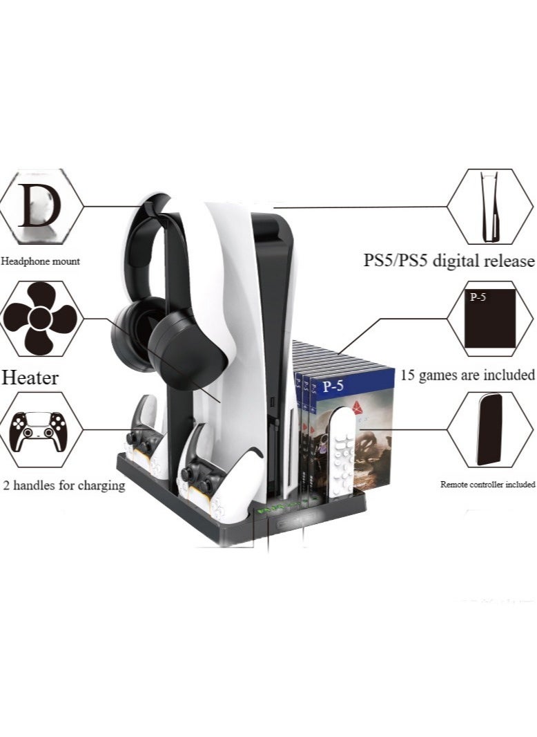 Pretocter - Multi-function Cooling Base for PlayStation 5, Ultra-thin ,Vertical Cooling Fan Station, Dual Control Charger, Multi-game Slots(White) - Image 1