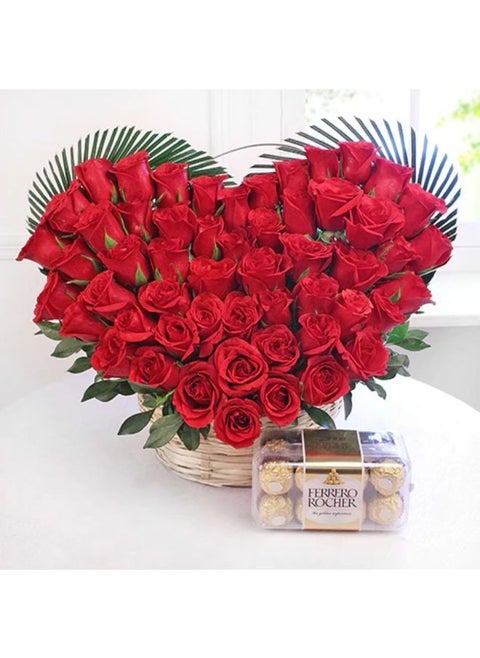 Heart Shaped Arrangement of 50 Red Roses with Ferrero Rocher Chocolate Box