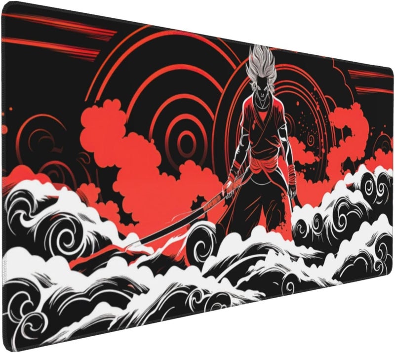 AQQA Japanese Samurai Cool Anime Red and Black Mouse Pad Extended XXXL 35.4" x 15.7" Desk Pad with Stitched Edges, Non Slip Rubber Base Gaming Keyboard Mouse Mat for Home Computer Office Laptop - Image 1