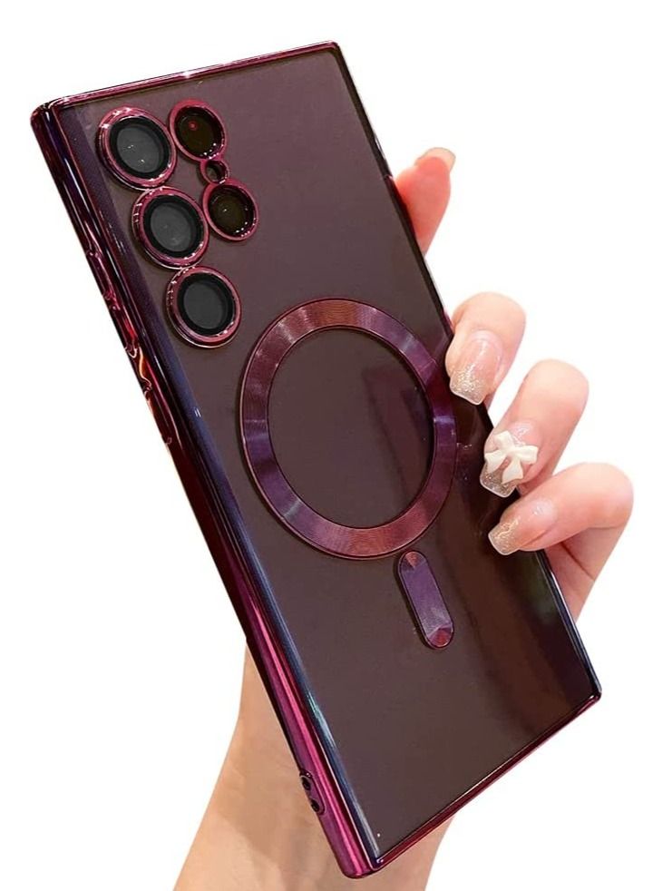 for Samsung Galaxy S23 Ultra Case Magnetic Clear with Camera Lens Protector Full Protection MagSafe Electroplated Silicone Slim Fit Shockproof Protective Case Cover - Burgundy  - Image 1