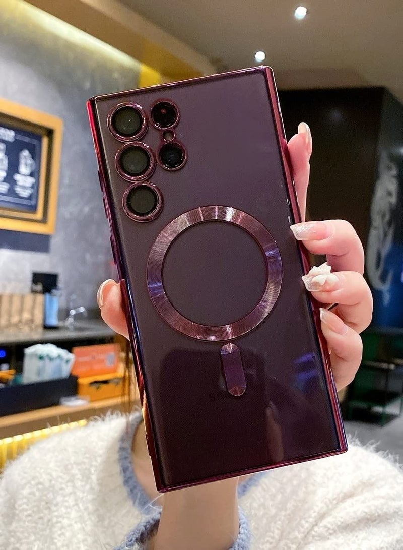 for Samsung Galaxy S23 Ultra Case Magnetic Clear with Camera Lens Protector Full Protection MagSafe Electroplated Silicone Slim Fit Shockproof Protective Case Cover - Burgundy  - Image 2