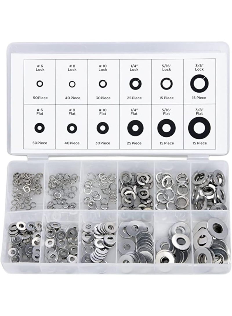 LAMAY 50400A Stainless Steel Lock and Flat Washer Assortment | 350 Piece Set | 12 Different Sizes in Spring Lock and Flat Design | Prevent Loose Fasteners - Image 1