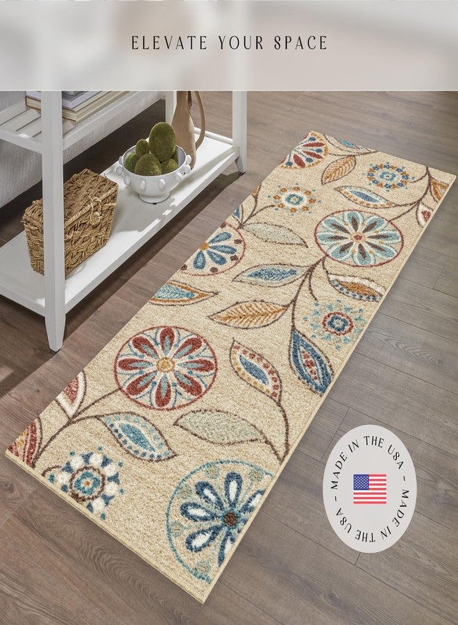 مابلز راغز سجادة مابلز راجز ريجي فلورال رانر - صنع في الولايات المتحدة الأمريكية - سجادة داخلية قابلة للغسل وغير قابلة للانزلاق للمطبخ والممر وغرفة الغسيل، 2 × 5 قدم، بيج - Image 2