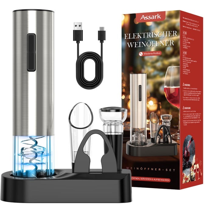 ELECTRIC WINE OPENERRECHARGEABLE AUTOMATIC WINE OPENER CORKSCREW OPENER SET WITH WINE STOPPER FOIL CUTTER WINE AERATORSTORAGE BASE USBC CABLE CHRISTMAS GIFTS FOR WINE LOVERS