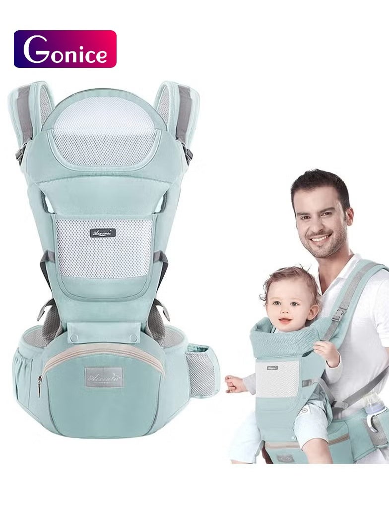 Gonice Baby Carrier with Hip Seat, Baby Waist Stool Baby Carrier with Storage Box Baby Holder Breathable Comfortable Front Back Sling Separable for Newborn Infant Toddler 3-36 Months Women Four Seasons Green  - Image 1