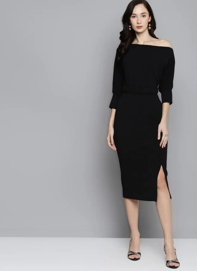 SASSAFRAS Black One-Shoulder Belted Midi Dress for Women