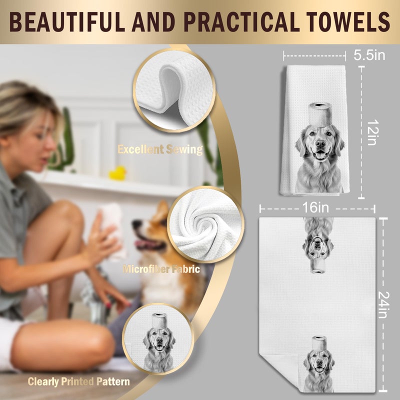 LUKIPOM Funny Golden Retriever Bathroom Hand Towels Set of 2, Golden Retriever Gifts for Women,Dog Bathroom Decor,16x24 Inch - Image 2