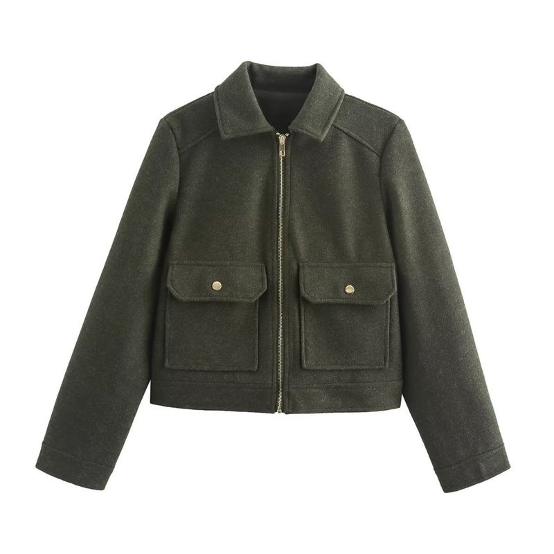 SAW AliExpress Independent Station Womens Clothing European and American Style Fashionable Simple All-Match Soft Wed Pocket Zipper Jacket Green 