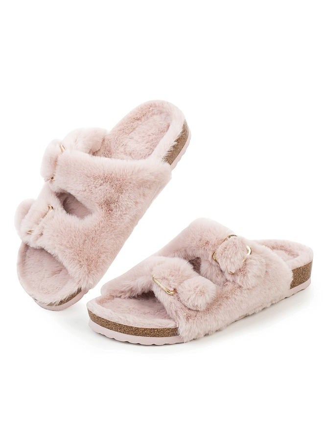 FITORY Womens Open Toe Slipper with Cozy Lining,Faux Rabbit Fur Cork Slide Sandals Size 6-11, Pink, 10 - Image 1