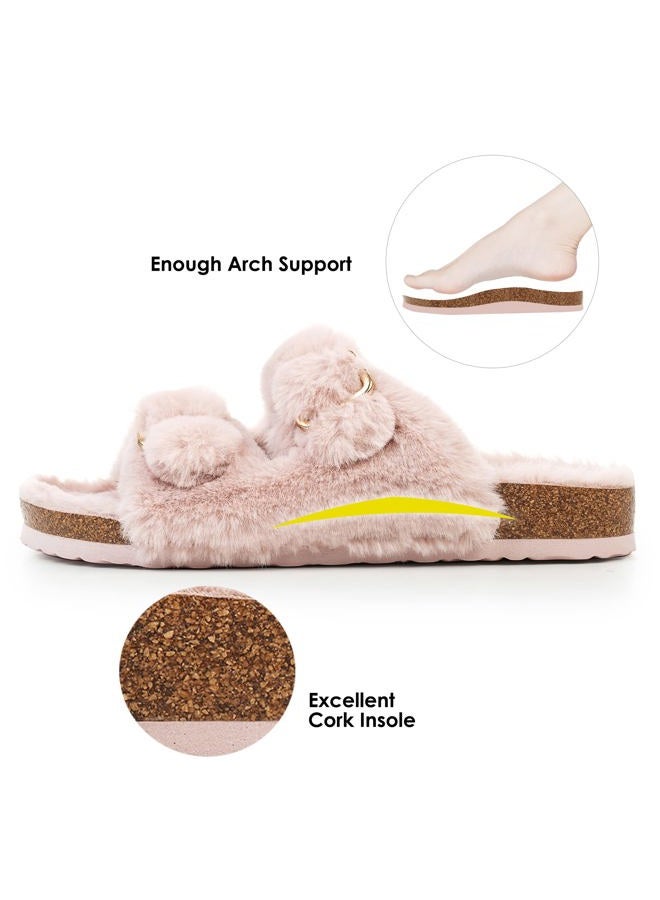 FITORY Womens Open Toe Slipper with Cozy Lining,Faux Rabbit Fur Cork Slide Sandals Size 6-11, Pink, 10 - Image 4