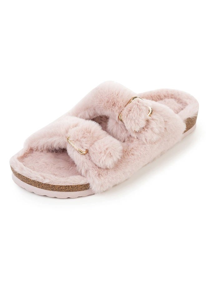 FITORY Womens Open Toe Slipper with Cozy Lining,Faux Rabbit Fur Cork Slide Sandals Size 6-11, Pink, 10 - Image 5