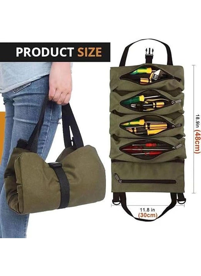 Generic - Roll-up kit, canvas wrench roll bag, tool bag roll bag, 5 zippered kits, multi-tool bag organization, multi-tool kit (green) - Image 1