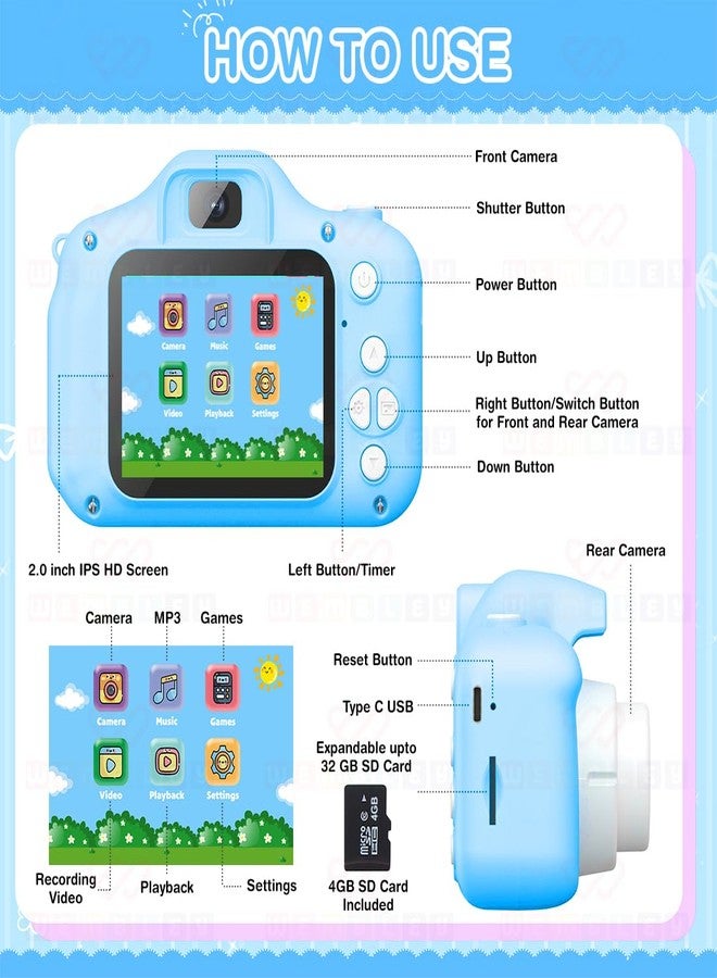 Wembley Kids Digital Camera Compact Dino Design Selfie Camera Video Recorder Photo Capture Games 4GB SD Card 2.0 Inch Screen for Girls Boys 4+ 5 6 7 8 - Blue - Image 4