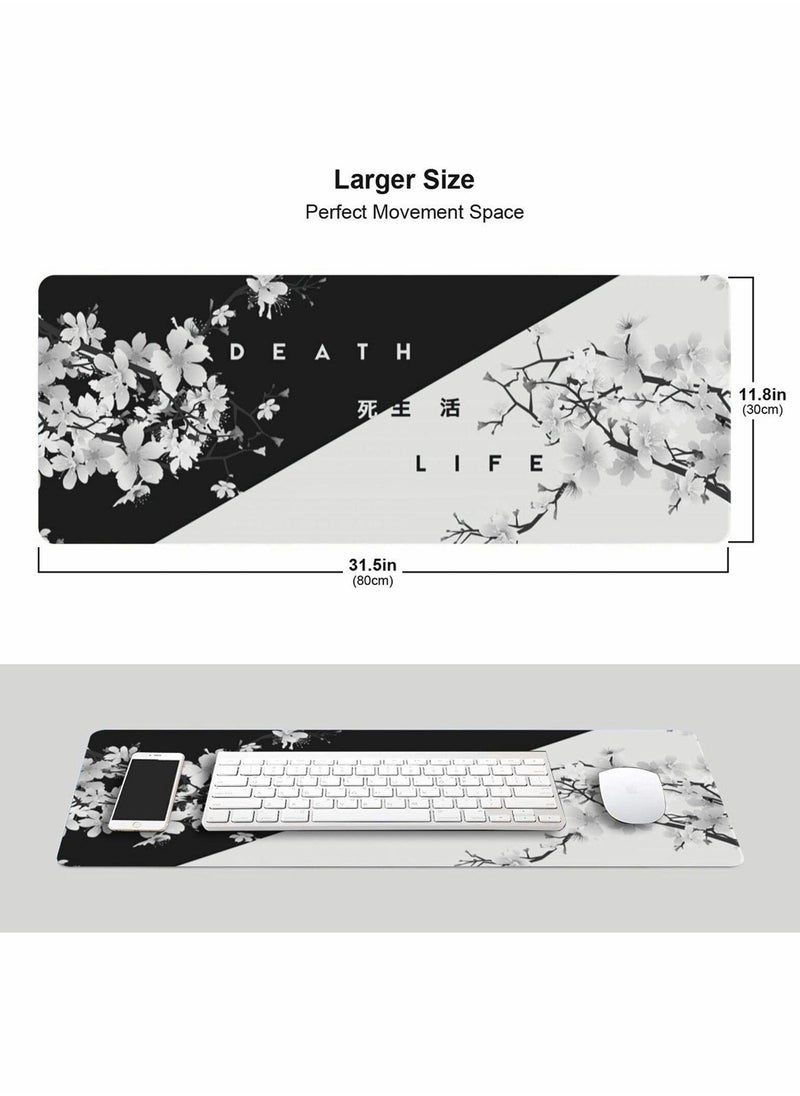 Generic - Extended Large Black and White Cherry Blossom Gaming Mouse Pad, Stitched Edges, Non,Slip Rubber Base, Perfect for Desk Setup, 31.5x11.8 Inch - Image 1