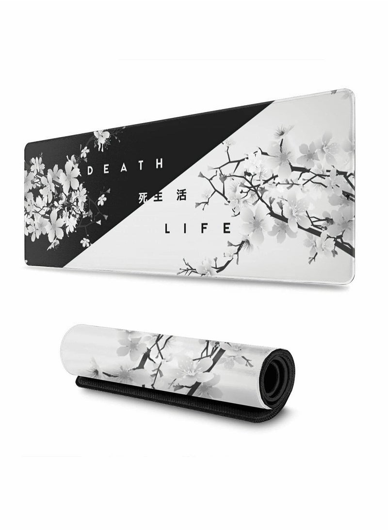 Generic - Extended Large Black and White Cherry Blossom Gaming Mouse Pad, Stitched Edges, Non,Slip Rubber Base, Perfect for Desk Setup, 31.5x11.8 Inch - Image 1