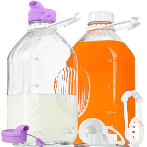 Ritayedet 2 Pack 64 Oz Heavy Duty Glass Milk Bottle with 1 Silicone Spout and 3 Reusable Airtight SCREW LID, 2 Qt Glass Water Bottle with 2 Exact Scale Lines - Milk Jug Pitcher - 1/2 Gal Juice Bottles - Image 1