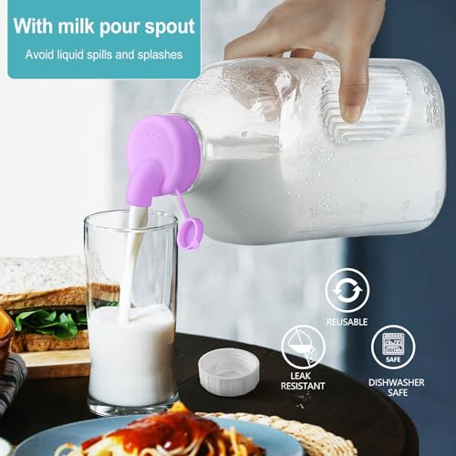 Ritayedet 2 Pack 64 Oz Heavy Duty Glass Milk Bottle with 1 Silicone Spout and 3 Reusable Airtight SCREW LID, 2 Qt Glass Water Bottle with 2 Exact Scale Lines - Milk Jug Pitcher - 1/2 Gal Juice Bottles - Image 2